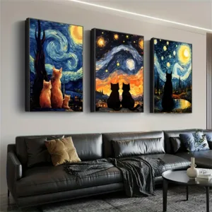 3pcs Unframed Canvas Art Prints - Van Gogh Starry Night & Black Cat Modern Animal Wall Decor for Bedroom, Living Room, Home Offi