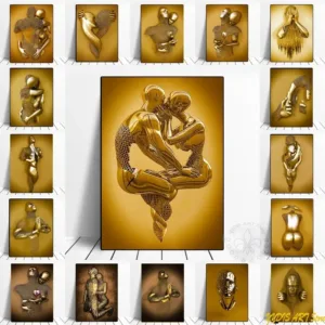 Abstract Gold Metal Figure Statue Minimalist Wall Art Print Canvas Painting Posters for Living Room Modern Home Decor