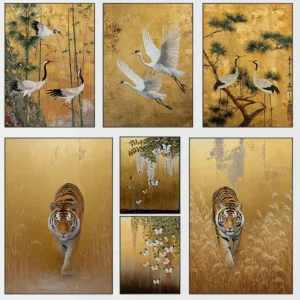 Ancient Style Crane Tiger Butterfly Gold Japandi Art Print Flying Birds Canvas Painting Abstract Art Decor Wall Art Bedroom Gift