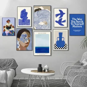 Abstract Blue Geometric Face Lines Canvas Painting Curve Girl Vase Dove Wall Art Posters Print Picture Nordic Bedroom Home Decor