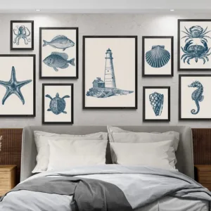 Vintage Sea Shell Fish Starfish Octopus Poster Coastal Nautical Prints Wall Art Picture Canvas Painting for Beach House Decor