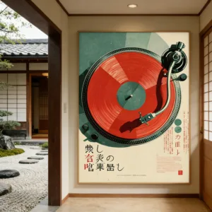 Japanese Style Retro Vinyl Record Canvas Painting Red Green Color Block Vintage Turntable Pop Art Poster Living Room Home Decor