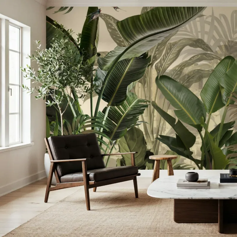 Customized Size Mural Southeast Asian Rainforest Plant Wallpaper Banana Tree Palm Tree Parrot Decorative Painting 3D Murals