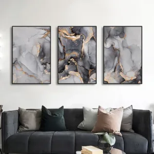3PCS Abstract Golden Grey Marble Canvas Painting Modern Pictures Poster and Print Wall Art for Living Room Office Home Decor