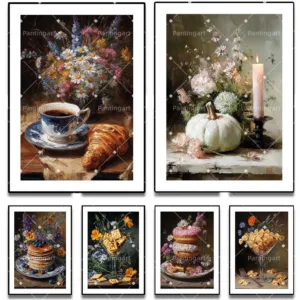 Vintage Stacked Donuts Floral Still Life Canvas Print Coffee And Croissant Food Art Poster Farmhouse Kitchen Dining Room Decor