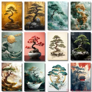 Retro Zen Art Golden Bonsai Tree Poster Sea Wave Dragon Canvas Painting Wall Prints Picture for Room Home Decor Cuadros