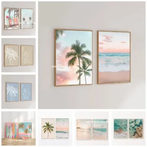 2pcs/set Pastel Beach Surfing Coastal Canvas Printing Soft Ocean Palm Tree Tropical Wall Art Poster for Modern Summer Home Decor