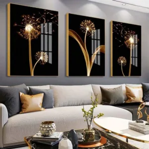 3pcs Abstract Golden Dandelion Luxury Wall Art Canvas Painting, Suitable For Living Room Painting Decor, Unframed, Poster Gifts