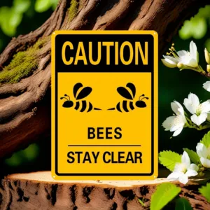 Vintage Bee Warning Sign - Caution Plaque, Easy Mount, Durable Iron, Yellow Background with Black Text & Graphics