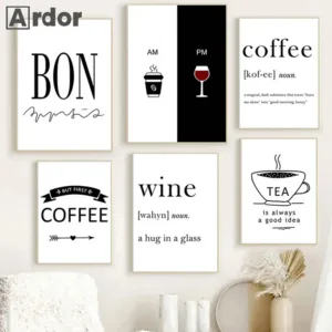 Wine Coffee Quotes Painting Poster AM PM Wall Art Canvas Print Tea Posters Black And White Nordic Wall Pictures Kitchen Decor
