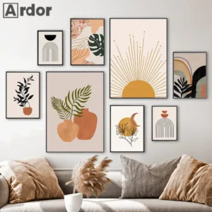 Terracotta Mustard Sun Canvas Painting Abstract Geometry Boho Poster Plant Leaf Art Print Mid Century Wall Pictures Home Decor