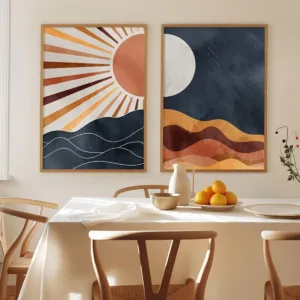 2pcs/set Boho Sun and Moon Sunset Geometric Abstract Canvas Print Poster Mid Century Modern Art Prints Home Decor Poster Gifts
