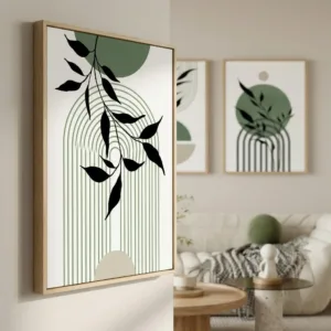 3pcs Sage Green Bohemian-Style Wall Mural Set, Unisex Abstract Plant Print, Living Room/Bedroom Poster Set, Frameless Home Decor