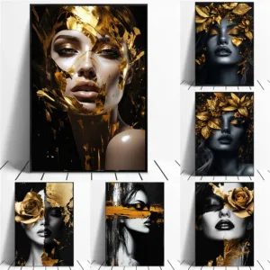Abstract Gold Foil Flower woman canvas print, artwork poster, for living room study dining room room decoration, no frame