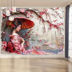 Vintage Japanese Geisha Tapestry – 3D Effect Wall Hanging Art with Umbrella Design, for Living Room or Bedroom Decor