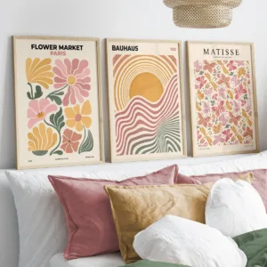 Set of 3 Bohemian Abstract Butterfly Flower Market Gallery Wall Art Canvas Prints, Bauhaus Posters, Matisse Exhibition Wall Art, Floral Wall Art, Vintage Art Prints, Flower Market Posters, Wall Decor for Bedroom, Living Room, Dining Room, Hallway, Unframed