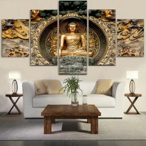 ArtSailing HD Print 5 Piece Canvas Art Golden Abstract Buddha Painting Wall Pictures For Living Room Posters Home Decoration