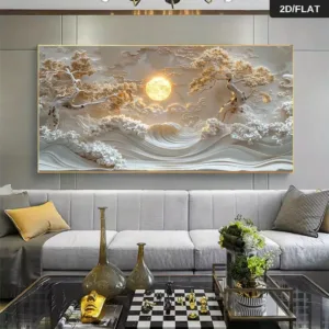 A modern abstract gold moonlight tree tranquil landscape oil painting wall art piece, featuring swirling waves and a full moon,