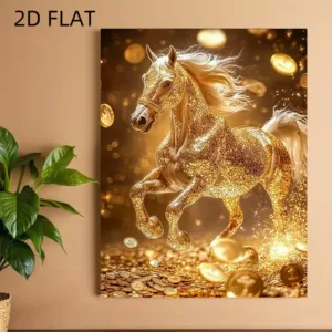 2D Flat Golden Money & Wealth Wall Art Poster - 12x16 Inch Shiny with Galloping Horse & Golden - Modern Frameless Canvas Print S