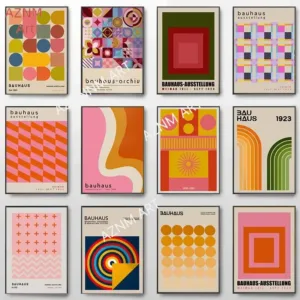 Abstract Pink Orange Bauhaus Geometric Poster Print Picture Nordic Simple Lines Color Block Wall Art Room Canvas Painting Decor