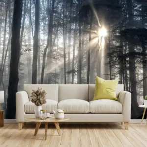 Atmospheric Forest Mural Tapestry Polyester Wall Art Sunlight Rays Woodland Nature Wallpaper Home Decor Decoration for Living Ro