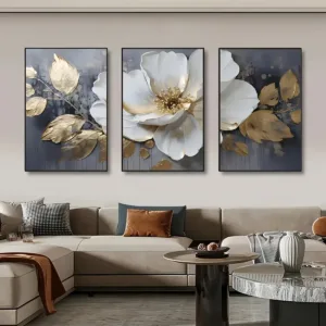3pcs Modern Abstract Floral Wall Art Prints, Golden and White, Frameless High-Definition Posters for Living Room, Bedroom, Study