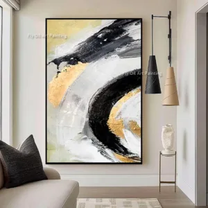 New Simple Black White Yellow Home Wall Art Items Abstract Hand Painted Original Purple And Golden Yellow Oil Painting As Gifts