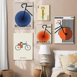 Retro Bauhaus Bicycle Geometric Shape Line Wall Art Prints Canvas Painting Poster Picture For Living Room Waterproof Home Decor