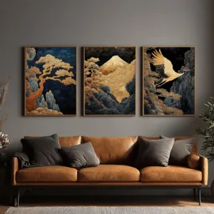 3pcs Japanese Wabi-Sabi Style Golden Crane Landscape Art Decorative Print Retro-Chic Frameless Poster for Home Living Room Decor