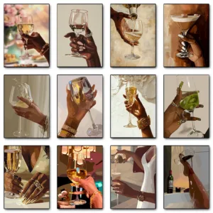 Fashion Black Girl African Women Holding Wine Glass Cheers Portrait Poster Canvas Painting Wall Art Pictures Home Interior Decor