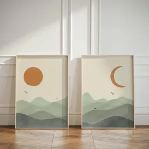 Sage Green Sun & Moon Landscape Canvas Printing Mid-century Abstract Geometric Wall Art Poster for Modern Living Room Home Decor