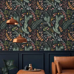 Leaves Peel and Stick Botanical Wallpaper, Herbs Dark Background Vintage Wall Paper For Home Decor,Self-adhesive Or Traditional