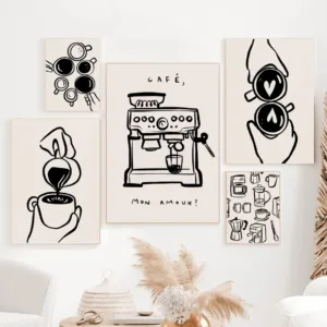 Retro Simple Abstract Black and White Coffee Cafe Poster Canvas Paint Prints Art Pictures Room Home Coffee Shop Wall Decor Gift