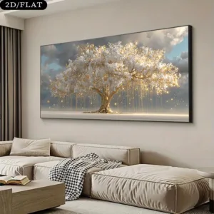 2D/Flat Modern Minimalist Dynamic Golden Tree Canvas Wall Art - Frameless  Abstract Branches Canvas Prints for Living Room Decor
