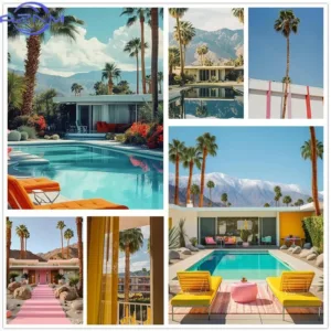 AZNM Summer Retro Fresh Palm Pool Resort Landscape Poster Canvas Oil Painting Prints Wall Painting Living Room Bedroom Home Deco