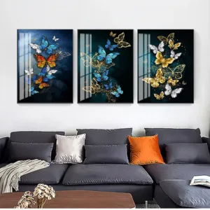 Modern Abstract Golden Blue Butterfly Wall Art  Large Yellow Butterfly Print for Living Room Decor  Stylish Home Wall Pictures