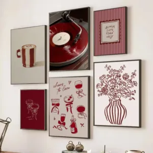 Retro Maroon Vinyl Record Red Floral Striped Vase Coffee Cheers Poster Canvas Painting Wall Art Pictures Home Restaurant Decor