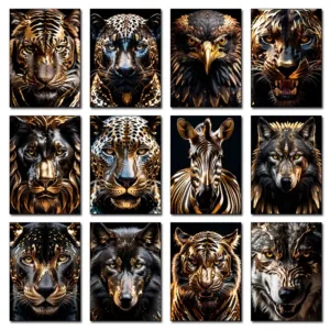 Luxury Black and Golden Animals Zebra Lion Tiger Eagle Wolf Wall Art Posters and Prints Canvas Paintings Picture Room Home Decor