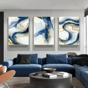 3pcs Canvas Poster Modern Art Blue Golden Abstract Graphic Art Canvas Print Painting Ideal Gift for Bedroom Decor Wall Art