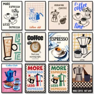 Bohemian Style Coffee Club Poster Coffee & Croissants Print Food Canvas Painting Wall Art Picture for Home Kitchen Decoration
