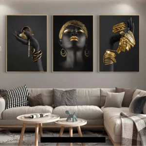 African Woman Home Background Wall Art Canvas Painting Gold And Silver Jewelry In Hand Poster Prints Pictures Room Decor Murals