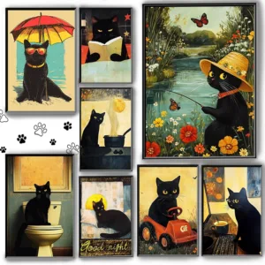 Retro Funny Black Cat Coffee Lover Poster with Black Cat Perfect Wall Living Room Decor Gift  Decor Decorating Painting