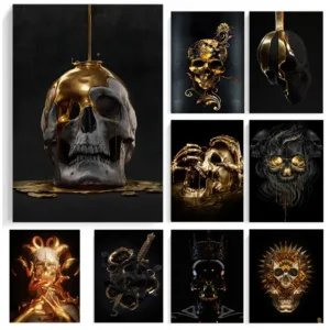 Abstract Metal Skull Wall Art Black Gold Printed Canvas Posters And Prints Living Room Bedroom Home Decor Gifts