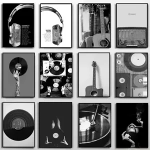 Vintage Music Vinyl Record Poster Wall Art Black and White Photo Headphone Lyrics Canvas Painting Prints Music Studio Decor