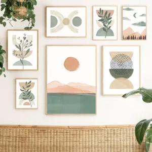 Green Mountain Sea Leaves Sun Geometry Wall Art Canvas Painting Abstract Lines Posters And Prints Pictures For Living Room De