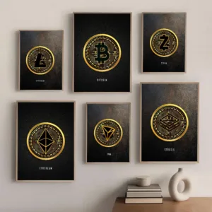 Abstract Golden Bitcoin Monero Cardano Canvas Painting Nordic Modern Wall Art Poster Print Pictures for room Interior Home Decor