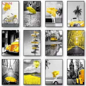 1PC ，Black and White Europe Landscape Picture Home Decor Nordic Canvas Painting Wall Art Yellow Scenery Posters for Living Room