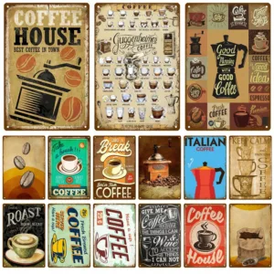 Metal Sign Retro Decor Coffee Vintage Tin Sign Plaque Metal Plate Wall Art Posters For Kitchen Bar Cafe Room Retro Iron Painting