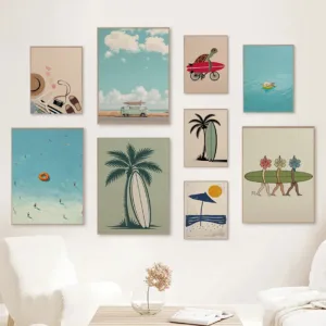 Surfboard Palm Tree Minimalist Beach Posters Classic Summer Ocean Modern Prints Canvas Wall Art Pictures Home Living Room Decor