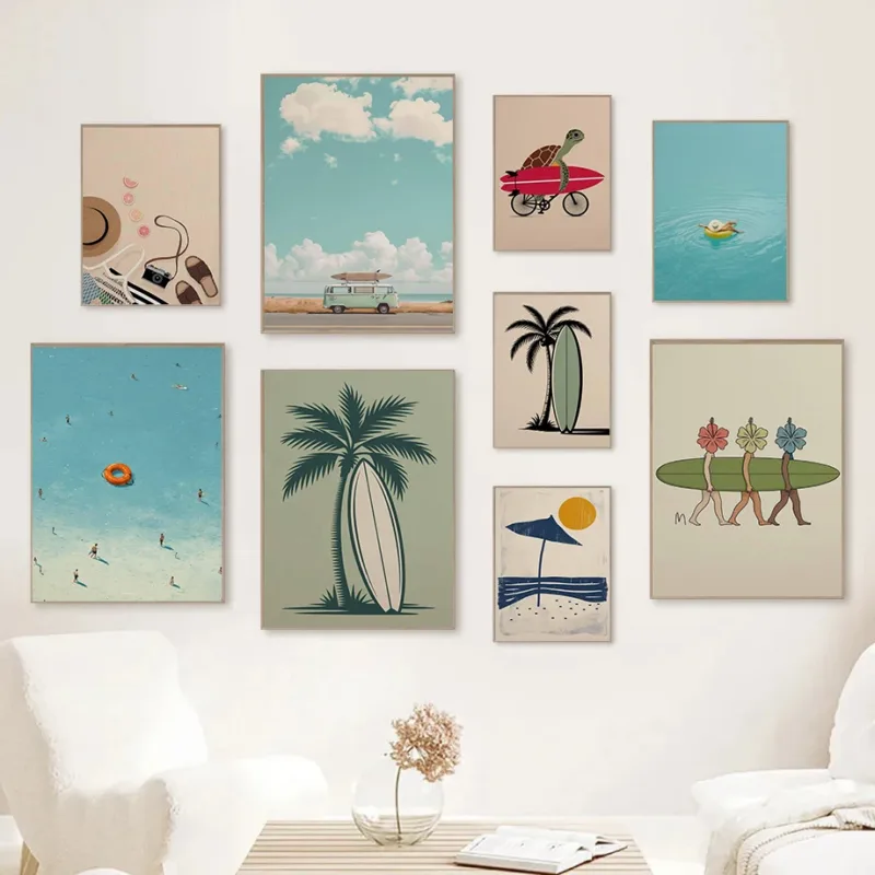 Surfboard Palm Tree Minimalist Beach Posters Classic Summer Ocean Modern Prints Canvas Wall Art Pictures Home Living Room Decor